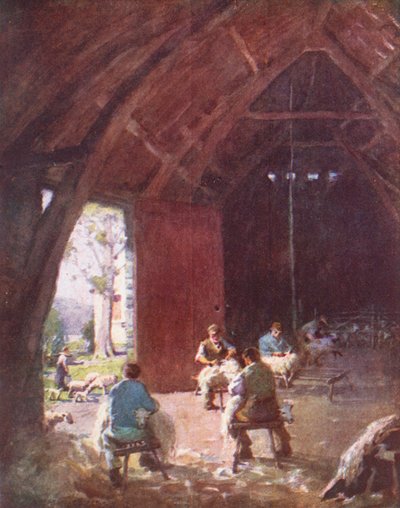 Lake District: Klipning af får, Esthwaite Hall Farm (farvelitografi) af Alfred Heaton Cooper