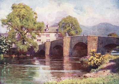 Lake District: Swan Inn, Newby Bridge, Windermere (farvelitografi) af Alfred Heaton Cooper