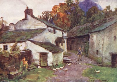 Lake District: Det gamle postkontor, Loweswater (farvelitografi) af Alfred Heaton Cooper