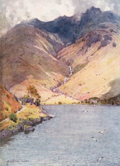 Lake District: Wastwater og Scawfell (farvelitografi) af Alfred Heaton Cooper