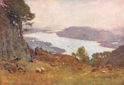 Lake District: Windermere fra Wansfell, solnedgang (farvelitografi) af Alfred Heaton Cooper