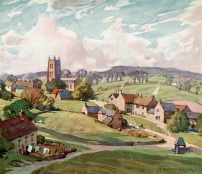 Mells Village, nær Frome (farve litho) af Alfred Heaton Cooper