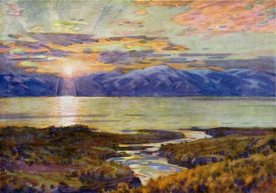 Midnatssol over Torne Trask-søen, fra Abisko af Alfred Heaton Cooper