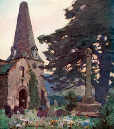 Porlock kirke og kors (farve litho) af Alfred Heaton Cooper