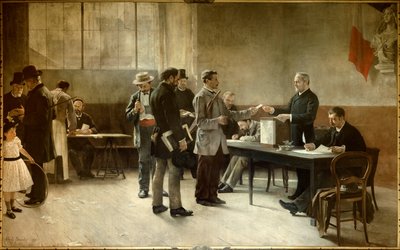 Almindelig valgret Et valgsted i 1891. Maleri af Alfred Bramtot (1852-1894) 1891 les Lilas, Rådhuset af Alfred Henri Bramtot
