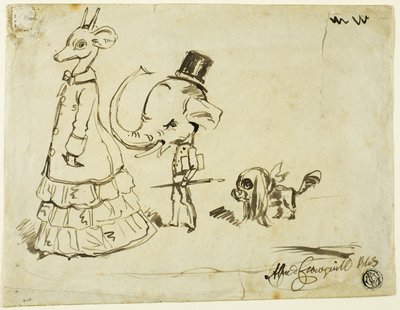 Karikatur af mand, kvinde og hund af Alfred Henry Forrester