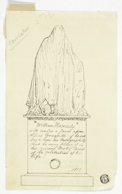 Besøgskort med draperet monument, kunstnerens inskription af Alfred Henry Forrester