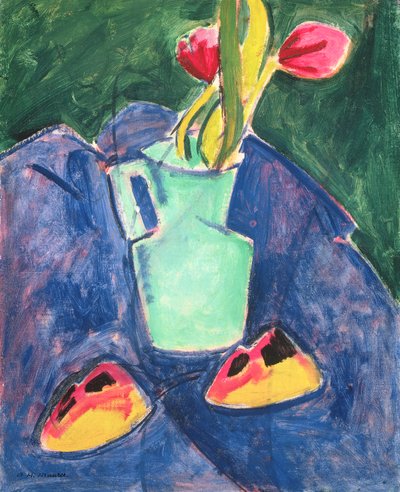 Blomster i en grøn vase på lilla klud af Alfred Henry Maurer