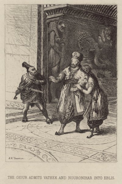 Giouren indrømmer Vathek og Nouronihar i Eblis (ætsning) af Alfred Holst Tourrier