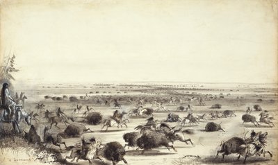A "Surround" of Buffalo by Indians, ca. 1858 (vask på papir) af Alfred Jacob Miller