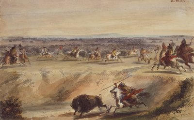 A Surround or Hunting the Buffalo, ca. 1839 (blyant, pen og blæk, akvarel og gouache på papir) af Alfred Jacob Miller