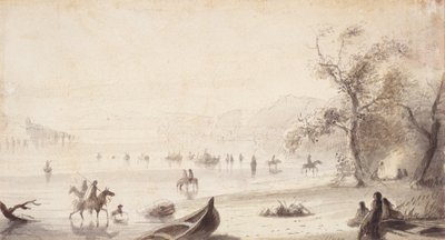 Bull Boating Across the Platte, ca. 1837 (tegning på papir) af Alfred Jacob Miller