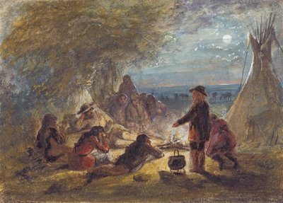Lejrbål om natten; Trapper Relating an Adventure, ca. 1858 (blyant, pen og blæk, akvarel og gouache på papir) af Alfred Jacob Miller