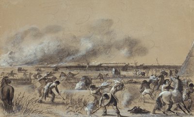 Fire on the Prairie, Sæt ild til lejren, ca. 1837 (vask med højlys på papir) af Alfred Jacob Miller
