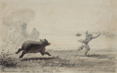 Fontenelle Chased by a Grizzly Bear, ca. 1837 (pen, blæk og vask på papir) af Alfred Jacob Miller