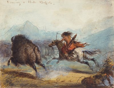 Indisk kvinde Running a Buffalo, ca. 1858-60 (akvarel på papir) af Alfred Jacob Miller