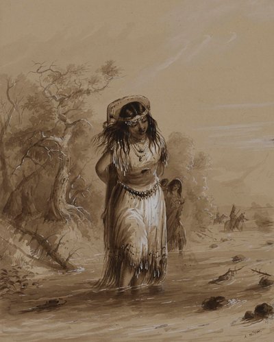 Indiansk pige med papoose, der krydser en bæk af Alfred Jacob Miller