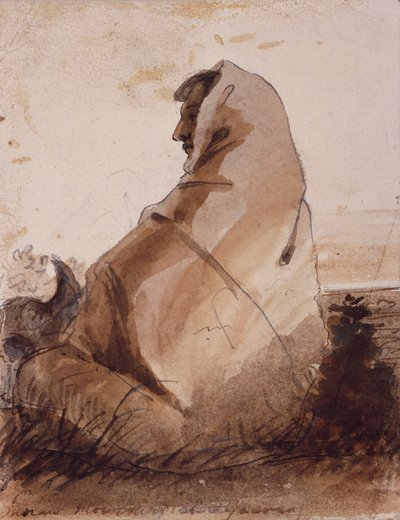 Indian Mourning over a Grave, markeret af et bøffelkranie, ca. 1837 (blyant, pen og blæk og vask på papir) af Alfred Jacob Miller