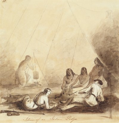 Interiør af en indisk loge, ca. 1837 (blyant, pen og blæk og vask på papir) af Alfred Jacob Miller