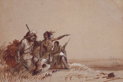 Kansas Indian Recounting to a Trapper, af Signs, the Migration of Buffalo, c.1837 (blyant og brune og sorte vaske på papir) af Alfred Jacob Miller