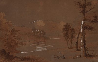 Udsigt over sø og bjerge af Alfred Jacob Miller