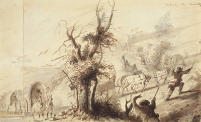 Landing the Charettes, ca. 1837 (brun vask på papir) af Alfred Jacob Miller