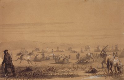 Reaching Camp, Removing the Sadles, ca. 1837 (blyant, pen og blæk, vask og gouache på papir) af Alfred Jacob Miller