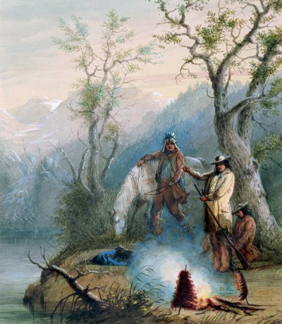 Roasting the Hump Rib, 1837 (wc forhøjet med hvidt på papir) af Alfred Jacob Miller