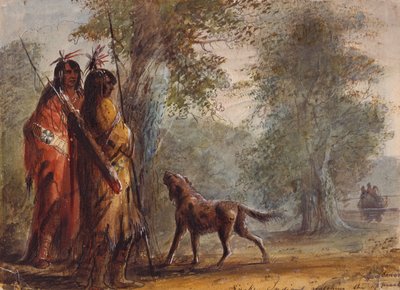 Snake Indians Watching the Approach of a Canoe, ca. 1837 (blyant, akvarel og gouache på papir) af Alfred Jacob Miller