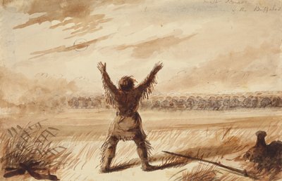 Trapper disturbed in Rest by a Herd of Buffalo, ca. 1837 (blyant, pen og blæk og vask på papir) af Alfred Jacob Miller
