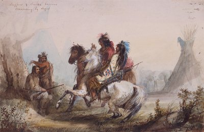 Fangstmænd og slangeindianere, der samtaler efter tegn, ca. 1837 (blyant, akvarel og gouache på papir) af Alfred Jacob Miller