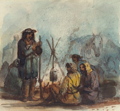 Trappers, ca. 1837 (pen og blæk, akvarel og gouache på papir) af Alfred Jacob Miller