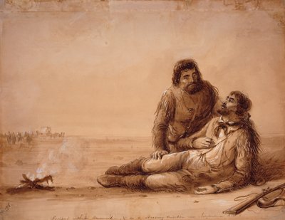 Trappere uden ammunition og i en udsultet tilstand nær Independence Rock, ca. 1850 (sepiavask på papir) af Alfred Jacob Miller