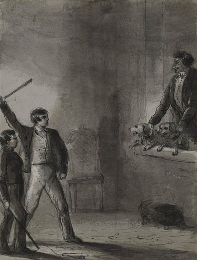 To drenge med løftede stokke, mens en mand og hunde kigger ud af et vindue af Alfred Jacob Miller