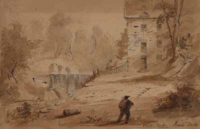 Udsigt over et hus og et vandfald af Alfred Jacob Miller