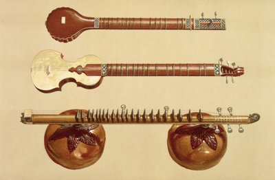 To sitarer og en rudra vina, indisk, fra "Musical Instruments" (farvelitografi) af Alfred James Hipkins