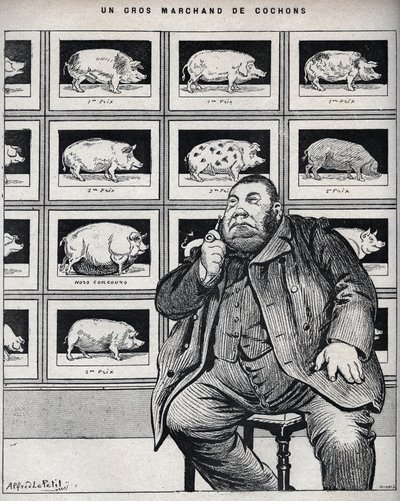 En stor svinehandler - tegneserie i "Le Cochon, souvenirs fra Normandiet" 1898 af Alfred Le Petit