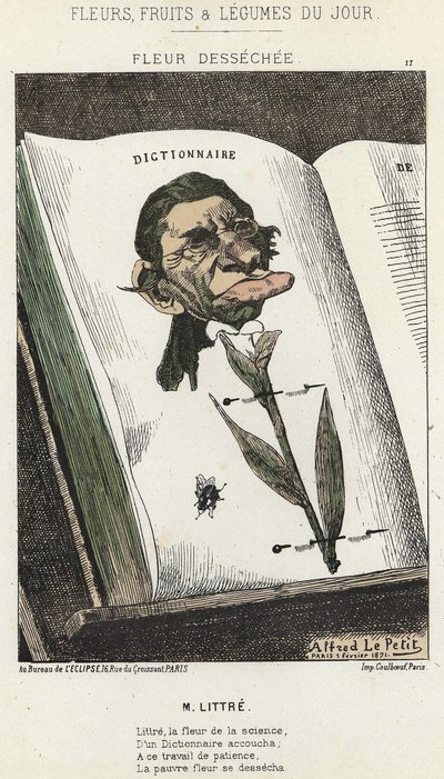 Déséchée flower: tegneserie om Littré - ill. fra 01/02/1871 i "Dagens blomster, frugter og grøntsager" af Alfred Le Petit