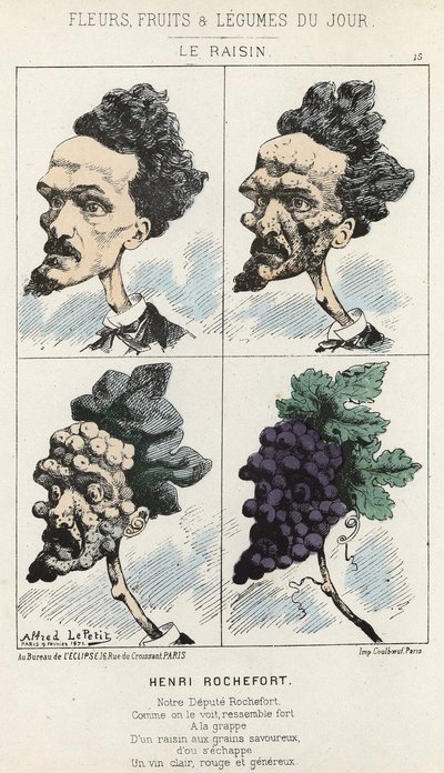 Le Raisin: Tegnefilm om Henri Rochefort - ill. fra 09/02/1871 i "Dagens blomster, frugter og grøntsager" af Alfred Le Petit