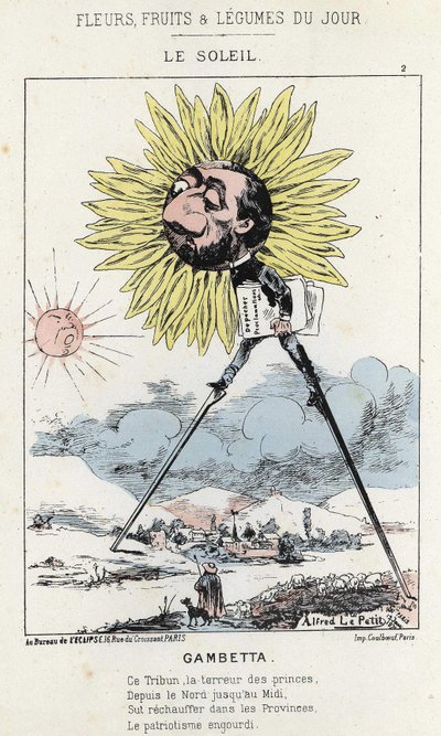 Le Soleil (solsikke): karikatur på Gambetta (1838 - 1882) - ill. fra 12/01/1871 i "Dagens blomster, frugter og grøntsager" af Alfred Le Petit