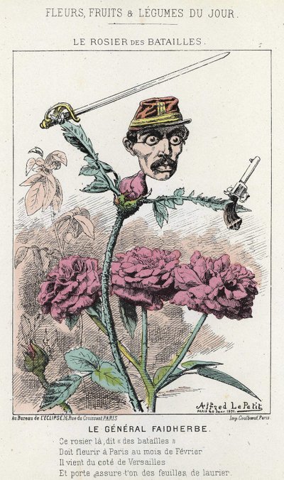The Rosier des Batailles: tegneserie om general Faidherbe - ill. fra 20/01/1871 i "Dagens blomster, frugter og grøntsager" af Alfred Le Petit