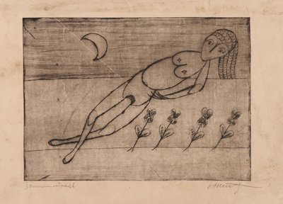 Halvmåne, blomster og kvindelig nøgen (ætsning og akvatinte på papir) af Alfred Lomnitz