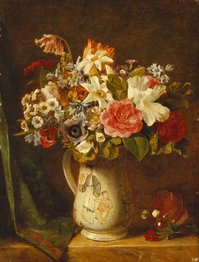 Roser, narcisser og andre blomster i en vase, af Alfred Morgan