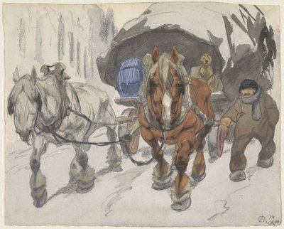 Bondevogn med to heste foran af Alfred Ost