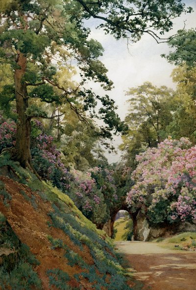 En blomsterrig gladsaxe. Clairiere fleurie (Allee en fleurs). Peinture de Alfred William Parsons (1847-1920 British) Collection privee af Alfred Parsons