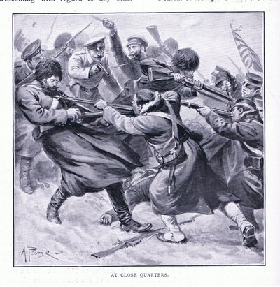På nærmeste hold, illustration fra Cassells History of the Russo-Japanese War Vol 1, c.1900 af Alfred Pearse