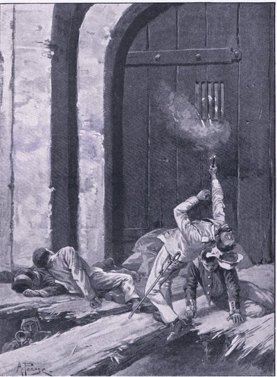 Delhi: Løjtnant Salkeld, bengalske ingeniører sprænger Kashmir-porten i luften, illustration fra britiske slag på land og hav, 1915 af Alfred Pearse