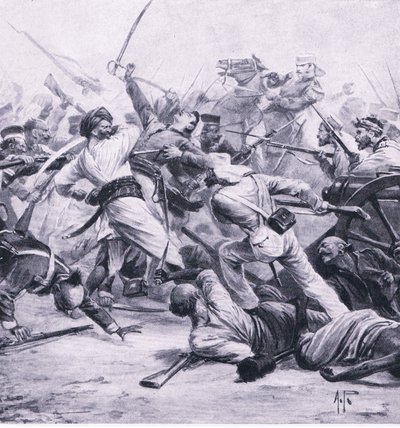 Nicholsons nederlag af oprørerne ved Najafgarh, 2. august 1857, illustration fra British Battles on Land and Sea, 1915 af Alfred Pearse