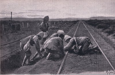 Vores tropper sprænger en militærjernbane nord for Bloemfontein (litho) af Alfred Pearse