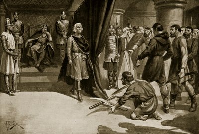 Bønder, der kaster deres plovjern ned for fødderne af Henry I, illustration fra 